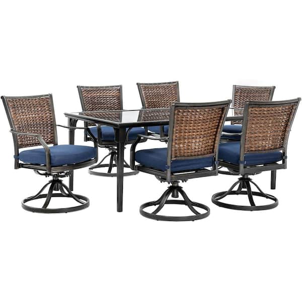 Hanover Mercer 7-Piece Aluminum Outdoor Dining Set with Navy Blue Cushions