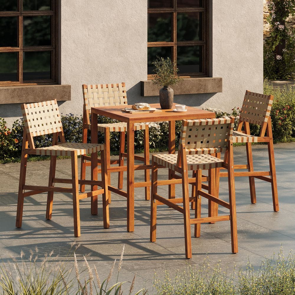 Barbara 5-Piece Teak Finish Solid Wood Square Bar Height Patio Outdoor Dining Set with Beige Rope Woven Seats price history on PriceWatchPro