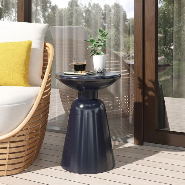 15 in. Navy Blue Round Pedestal Iron End Table, Modern Accent Side Table for Living Room, Bedroom, Outdoor or Indoor