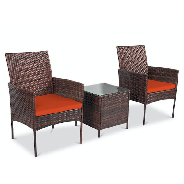 Pyramid Home Decor Alvino 3-Piece Wicker Rattan Outdoor Patio Bistro Set, Chairs with Thick Orange Cushion and Glass Top Coffee Table