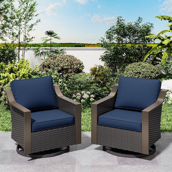 2-Piece Wicker Outdoor Rocking Chair Patio Swivel Chair Set with Gracefully Sloped Armrest and Blue Cushions
