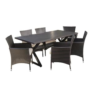 Dion Brown 7-Piece Metal Outdoor Dining Set with Beige Cushions