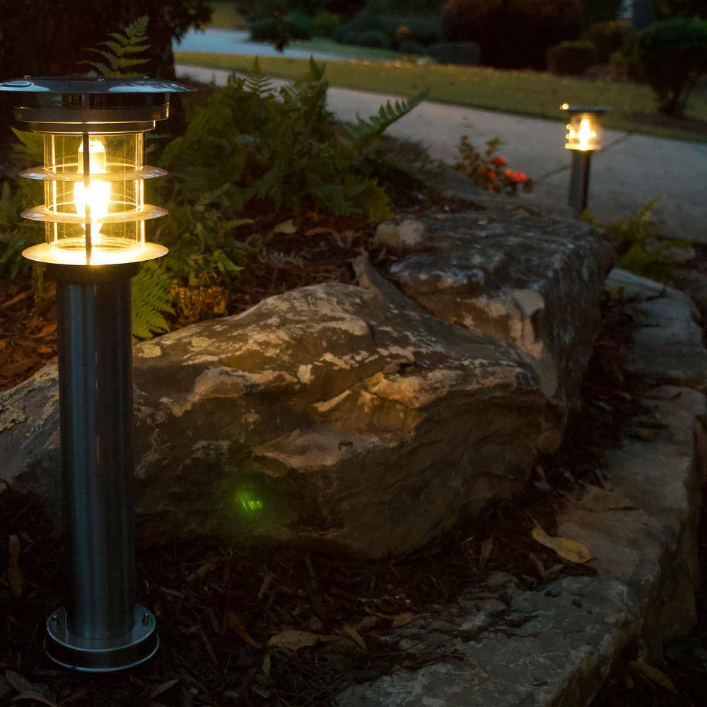 Stainless Steel Silver LED Solar Pathway Bollard Lights, Set of 2