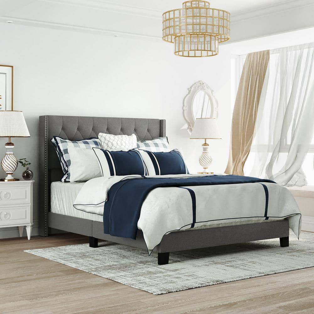 Harper & Bright Designs 65.2 in. W Gray Queen Size Linen Wood Frame Platform Bed