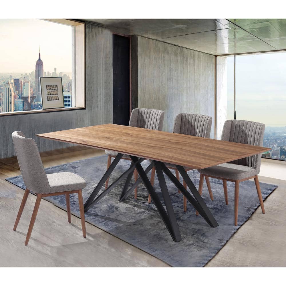 Modena Contemporary Matte Black and Walnut Wood Rectangular Dining Table