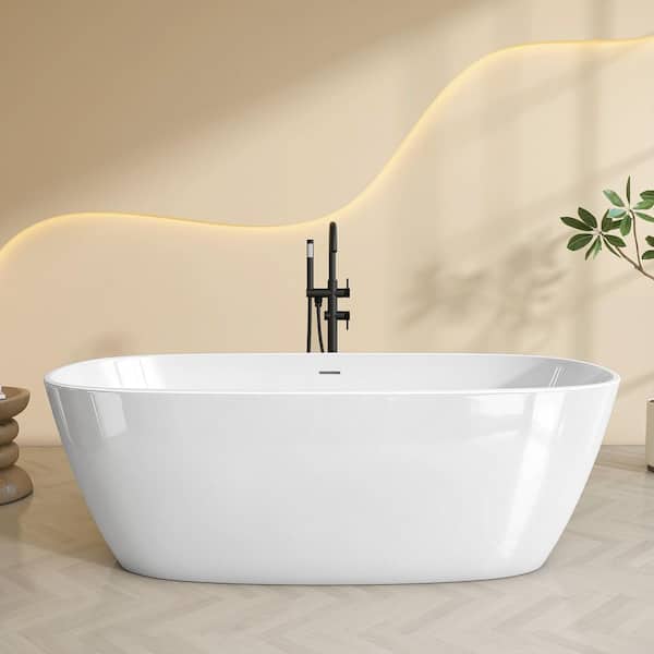 Ece 66.8 in.x 33 in. Solid Surface Stone Resin Freestanding Soaking Bathtub Center Drain Standalone Tub in Glossy  White