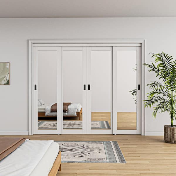 96 in. x 96 in. Solid Core 1-Lite Mirror White Primed MDF Interior Closet Sliding Door with Hardware and Black Handle