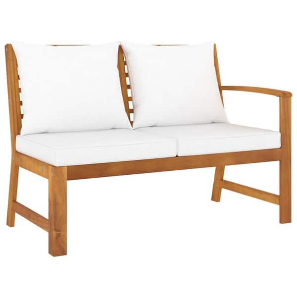 23.8 in. 2-Person Solid Brown Acacia Wood Outdoor Bench with Cream White Polyester Cushion