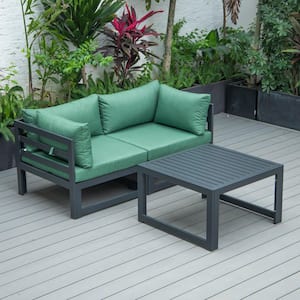 Chelsea Black 3-Piece Aluminum Patio Conversation Set with Green Cushions