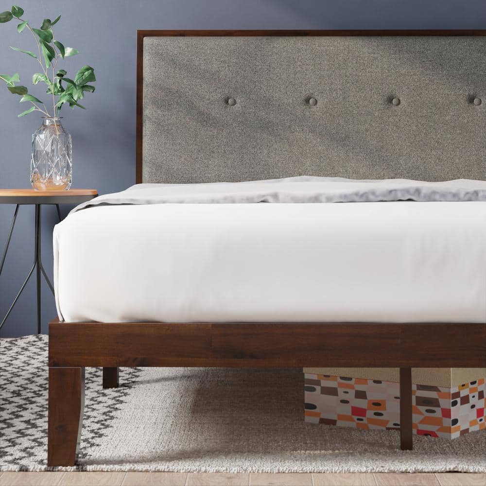 Moiz Queen Brown Wood Platform Bed Frame with Gray Upholstered Headboard