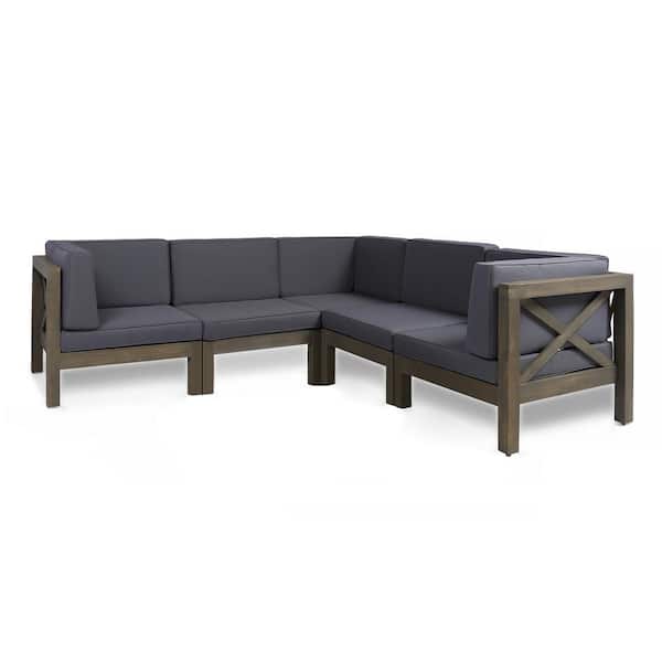 Hadlee Gray 5-Piece Wood Outdoor Patio Sectional with Dark Gray Cushions