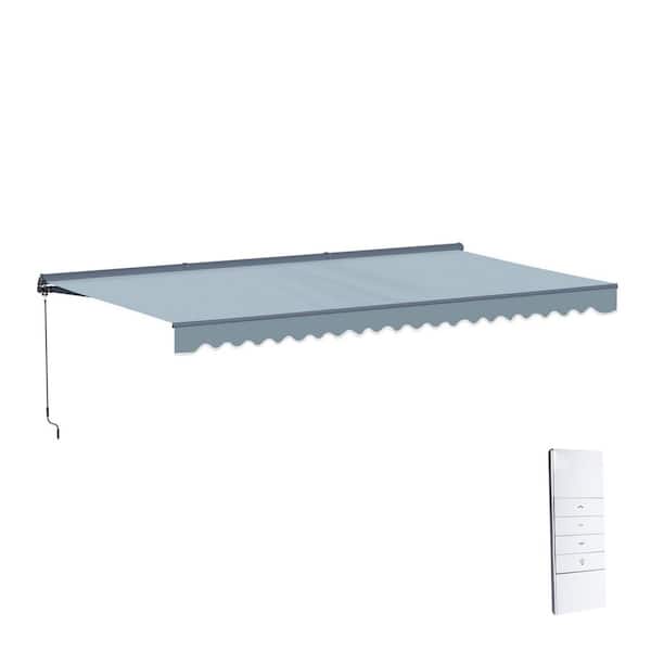 16 ft. Moroccan Polyester Motorized Patio Awning Semi Cassette LED Luxury 120 in. Projection in Sky Blue Dark Gray Frame