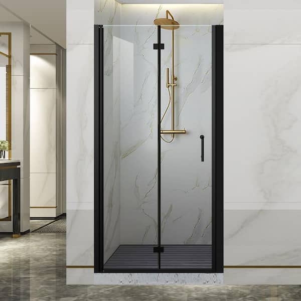 34-35.9 in. W x 72 in. H Bi-Fold Frameless Shower Door in Black with Clear Glass
