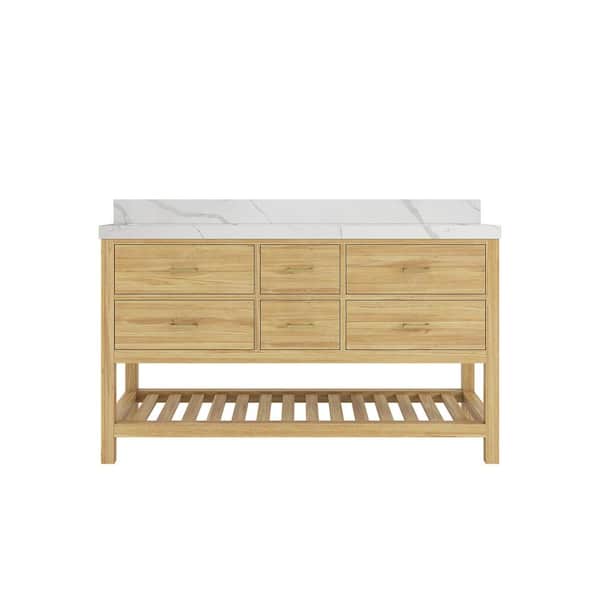 Willow Collections Parker Teak 60 in. Double Sink Freestanding Light Natural Bath Vanity with Calacatta Laza Quartz Top Unassembled