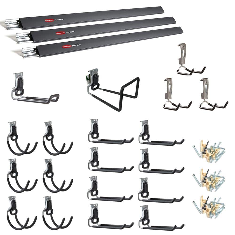 Rubbermaid FastTrack Garage Storage Utility Hooks, 5 Piece, All in One Rail  Hook Kit and Tool Organizer, Heavy Duty for Wall/Shed/Garden,Black