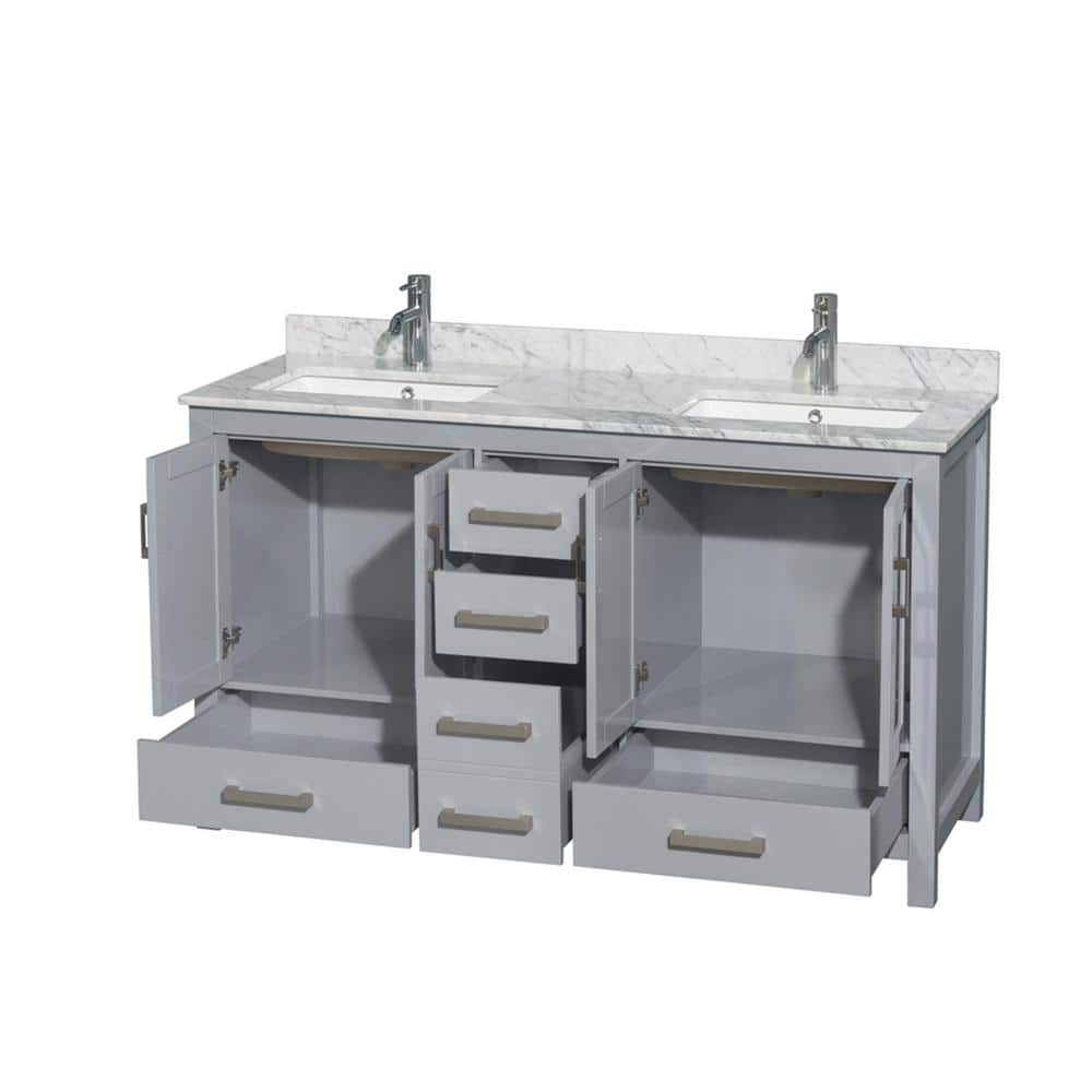 Sheffield 60'' Gray Double Freestanding Bathroom Vanity with White Carrara Stone Top