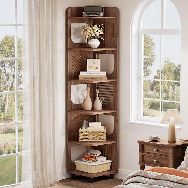 Eulas 71.85 in. Tall Brown Wood 5-Shelf Standard Bookcase Storage Rack, Corner Plant Stand Display Shelf Organizer