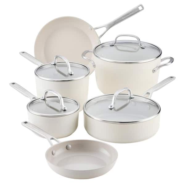 10-Piece Hard-Anodized Aluminum Ceramic Nonstick Induction Cookware Set Porcelain White
