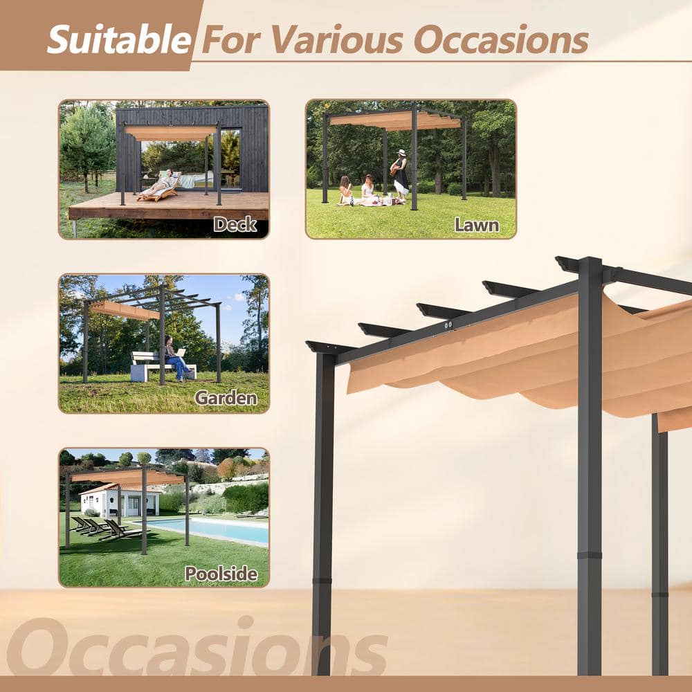 Khaki 10x10 Steel Patio Pergola with Retractable Canopy