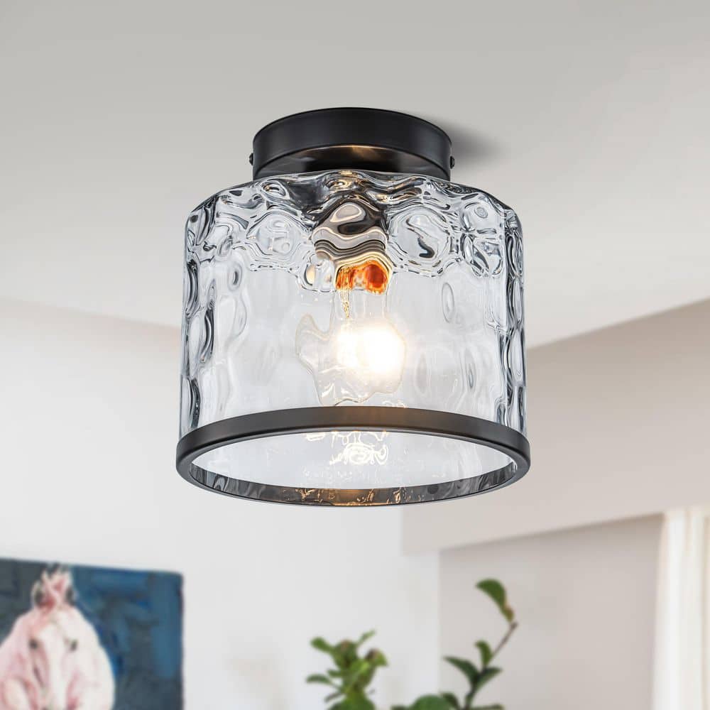 1-Light Modern Black Semi Flush Mount Ceiling Light with Clear Hammered Glass Lampshade for Hallway Kitchen Island Foyer price history on PriceWatchPro