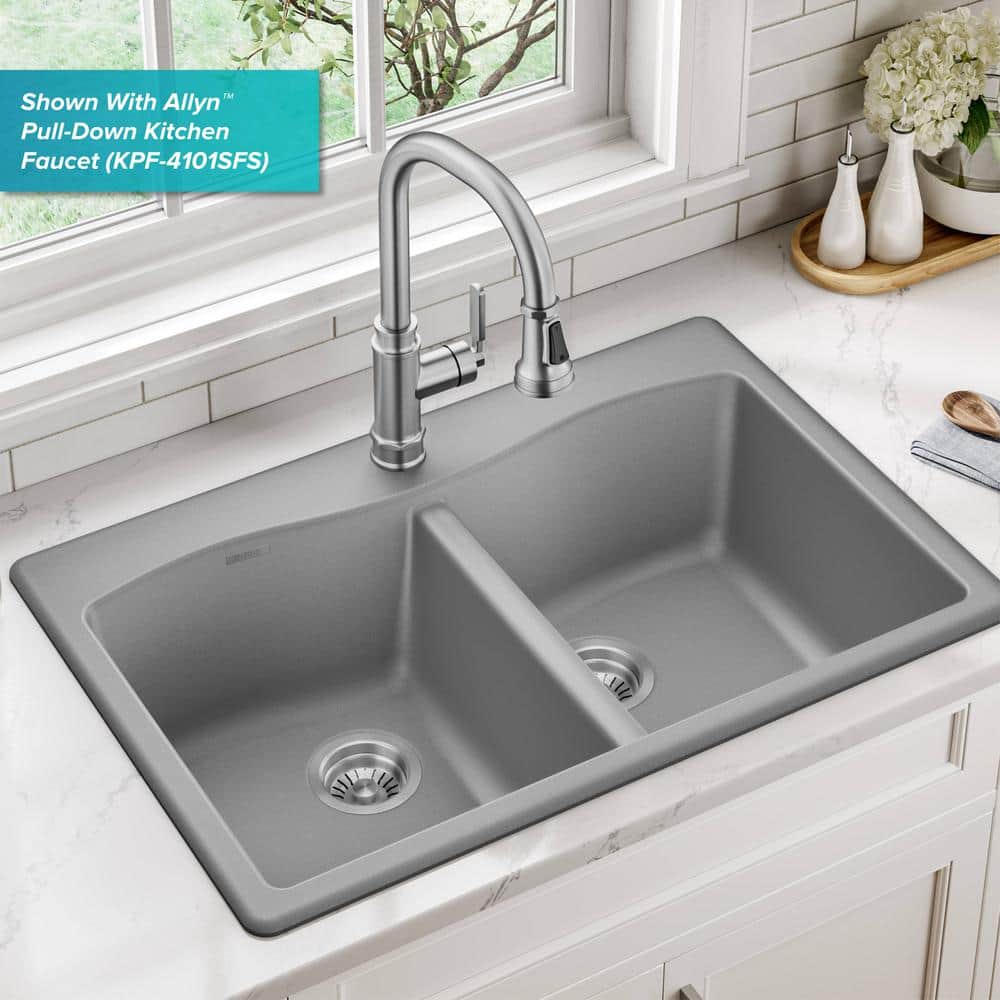 Gray Granite Dual Bowl Drop-In Kitchen Sink with Accessories