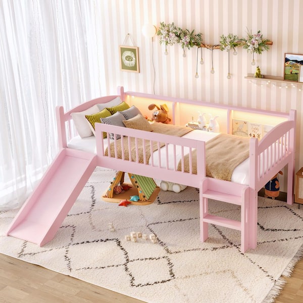 Pink Twin Wood Loft Bed with Storage Shelves,led Lights and Full-length Guardrails