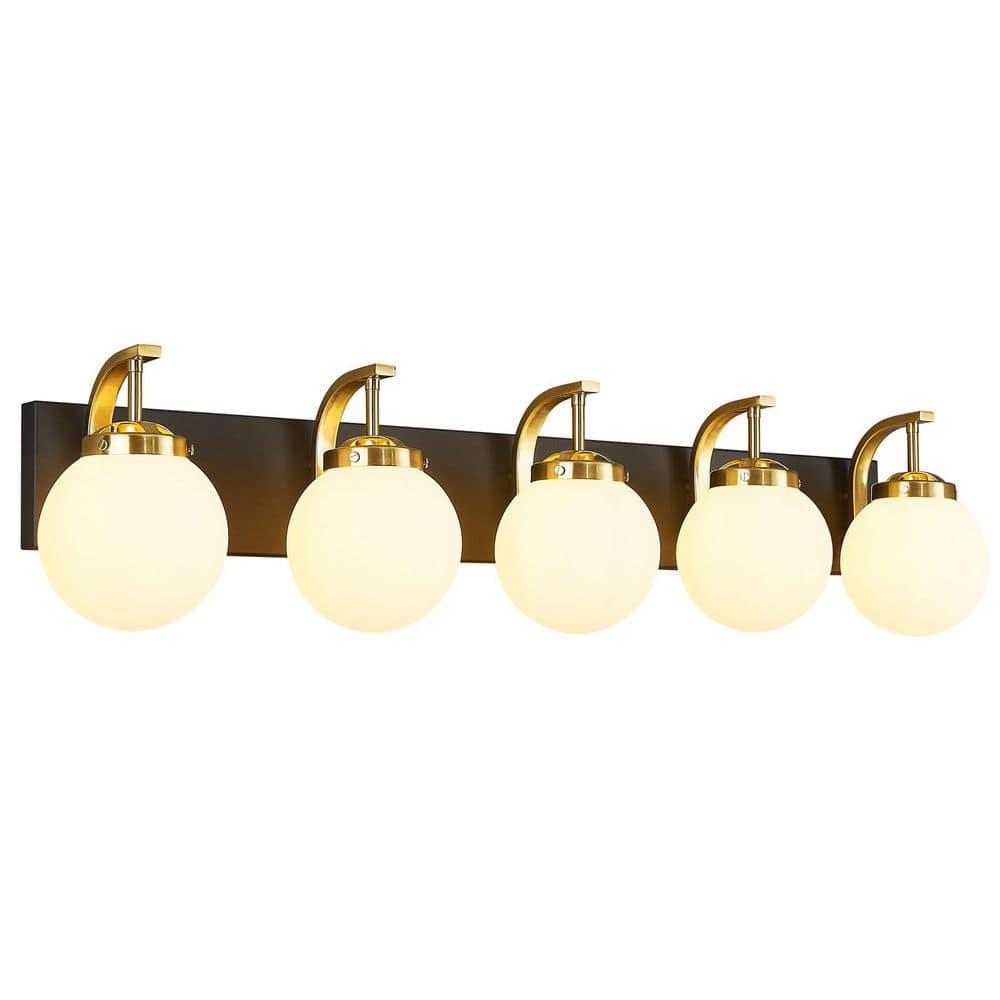 Home Lighting 40.15 in. 5-Light BlackGold Modern Milk White Glass Globe Shade Vanity Light Over Mirror For Bathroom price history on PriceWatchPro