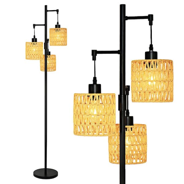 Pia Ricco 65 in. Light Brown Farmhouse Standing Tree Floor Lamps with Rattan Shades