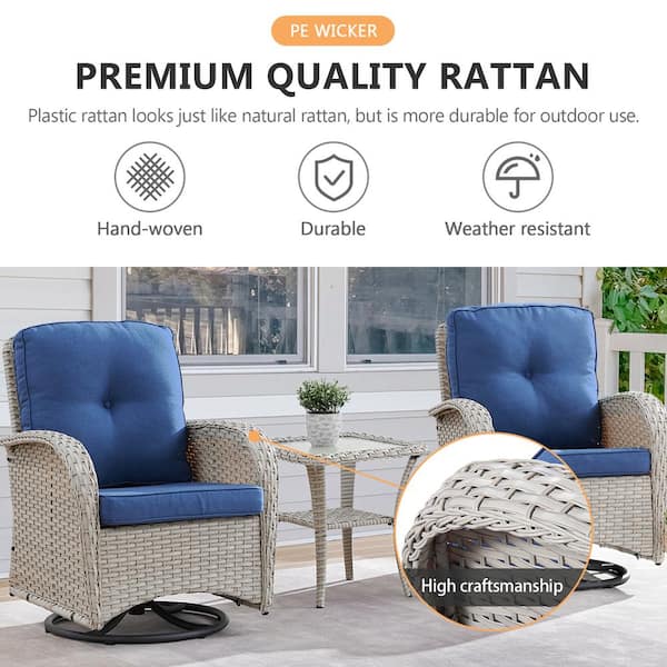 Light Beige 6-Piece Wicker Outdoor Swivel Rockers Patio Conversation Set with Navy Blue Cushions and Side Tables