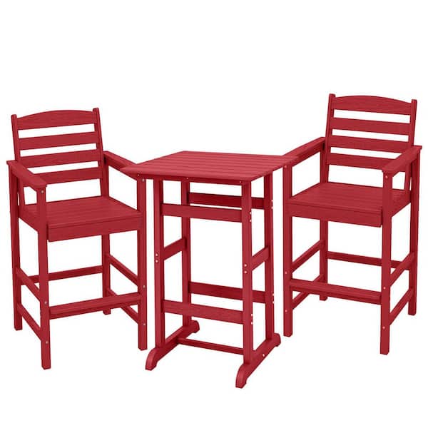 3-Piece HDPE Outdoor Patio Bar Set, Oversize Tall Adirondack Bar Chair and Table Set, Red