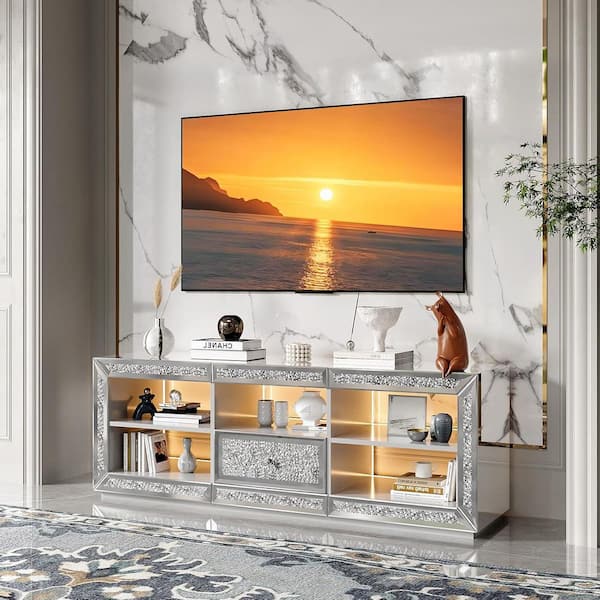 Silver TV Stand Fits TVs up to 32 to 70 in. with Mirror