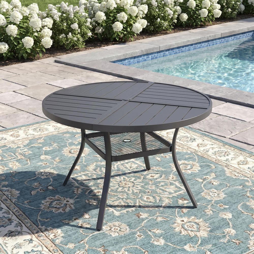 40.6 in. Black Round Metal Outdoor Dining Table for 4 with Umbrella Hole, Weather-Resistant Patio Table for Lawn