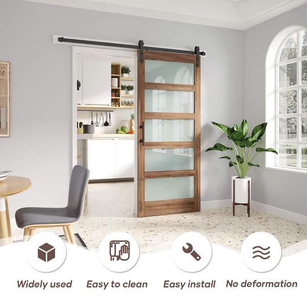 36 in. x 84 in. 5 Lite Frosted Glass Brown Finished MDF Sliding Barn Door with Hardware Kit