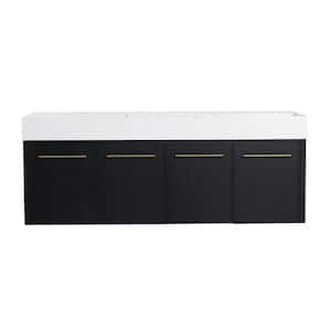 59.1 in. W x 18.10 in. D x 22.40 in. H Double Sink Wall Mounted Bath Vanity in Black with White Resin Top