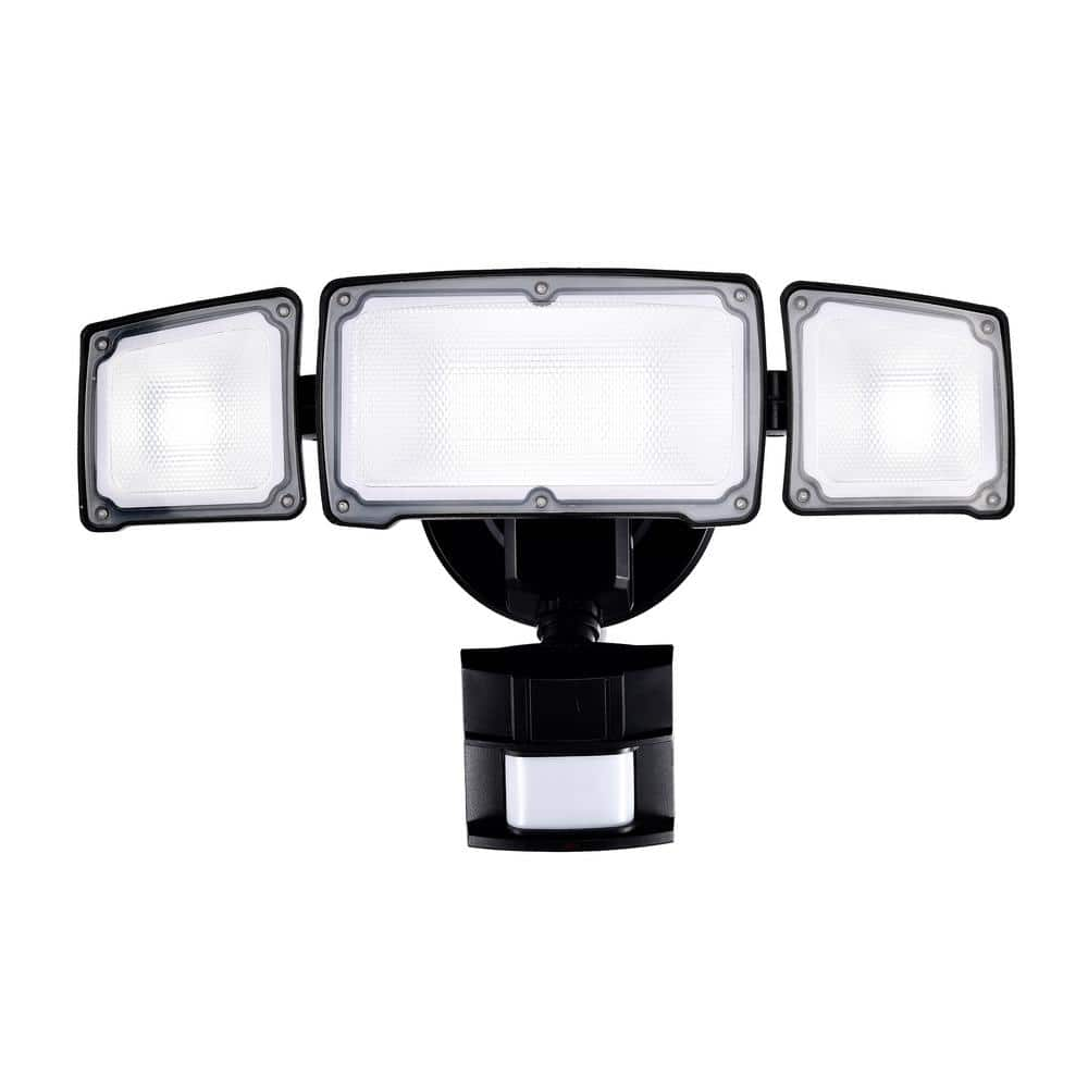 AWSENS 40-Watt 180° Black Motion Activated Outdoor Integrated LED Flood Light with 3 Heads and PIR Dusk to Dawn Sensor