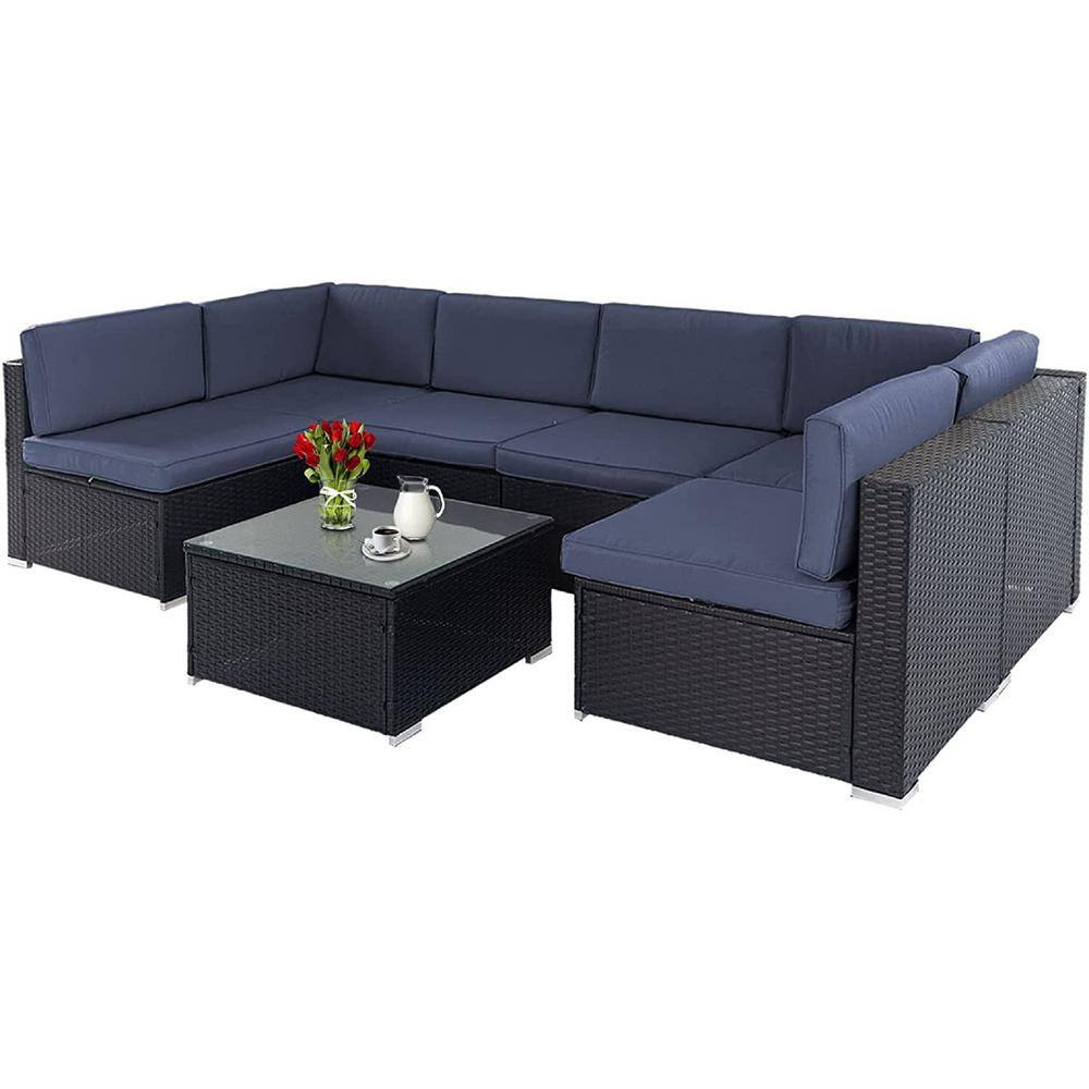 Suncrown Black Brown Wicker Outdoor Sectional Set with Dark Blue ...