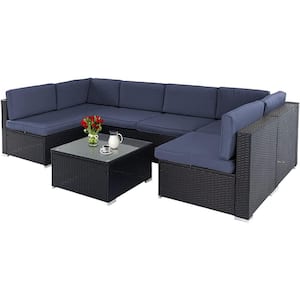 Black Brown Wicker Outdoor Sectional Set with Dark Blue Cushions