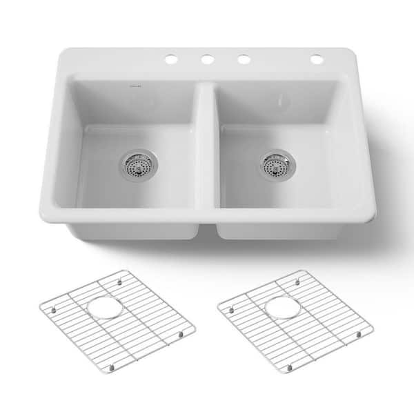 Riverby 33 in. Drop-in Double Bowl White Cast Iron Kitchen Sink with Basin Rack Included