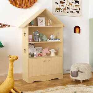 45.3 in. Natural Wood 4-Shelf Kids Bookcase with Doors Dollhouse Bookcase for Kids Bedroom