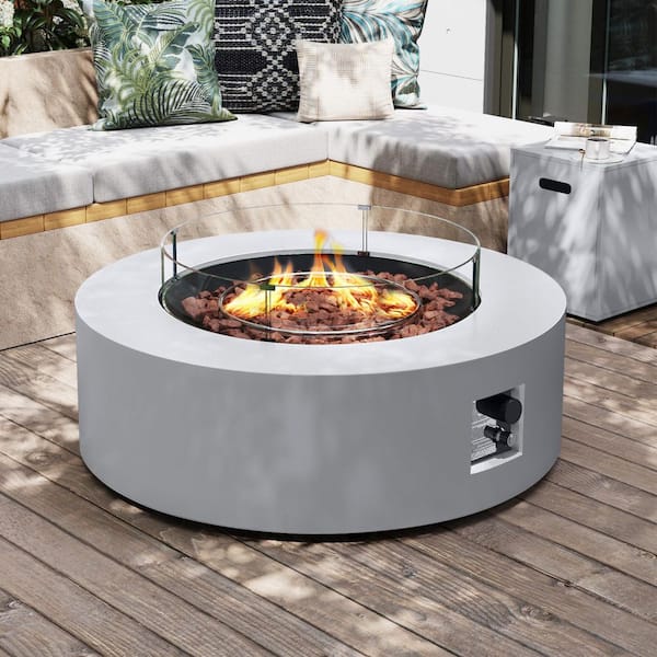 UPHA 42 in. Outdoor Round Iron White Fire Pit Table with Propane Tank Holder and Glass Wind Guard