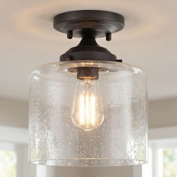 Winslow 8.5 in. 1-Light Olde Bronze Hallway Contemporary Semi-Flush Mount Ceiling Light with Clear Seeded Glass