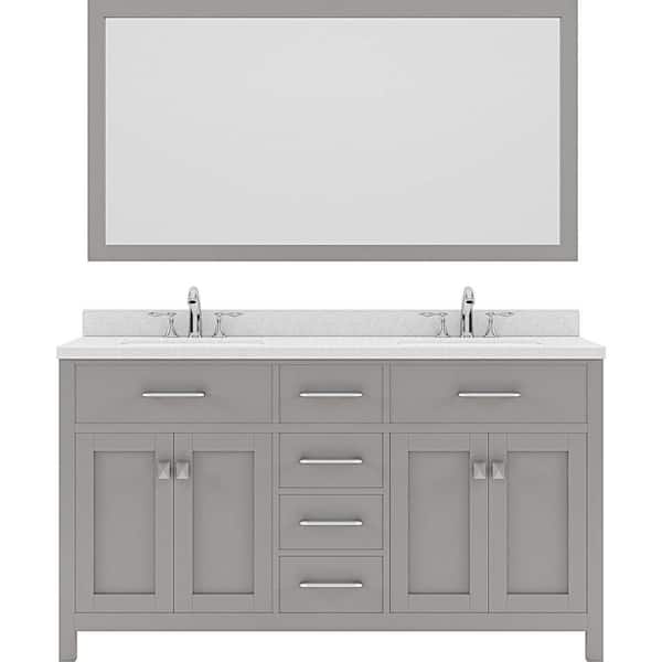Virtu USA Caroline 60 in. W Bath Vanity in Cashmere Gray with Quartz Vanity Top in White with White Basin and Mirror