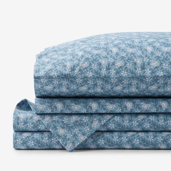 The Company Store Company Cotton Mini Floral Vine Blue Cotton Percale Queen Sheet Set