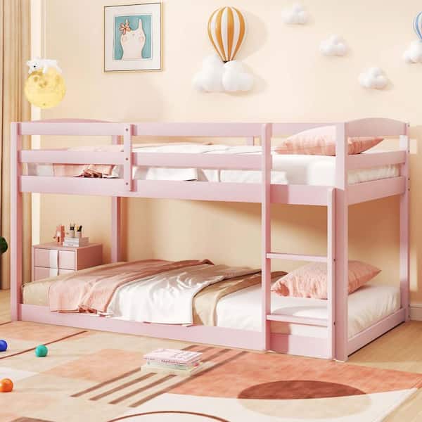 Pink Twin over Twin Low Bunk Bed with Guardrails Integrated Ladder Kids Wooden White