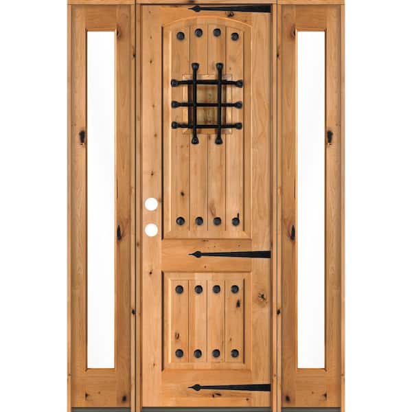 Krosswood Doors 58 in. x 96 in. Mediterranean Knotty Alder Right-Hand/Inswing Clear Glass Clear Stain Wood Prehung Front Door w/Sidelite