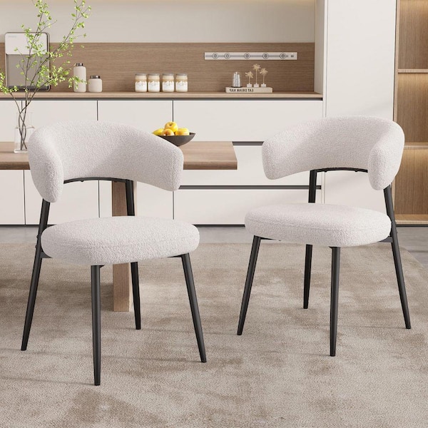 Modern White Teddy Fabric Upholstered Dining Chair with Curved Backrest and Metal Legs Set of 2