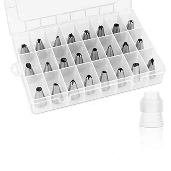24-Piece Stainless Steel Piping Tips Set with Storage Box for Cake Decorating, Various Patterns