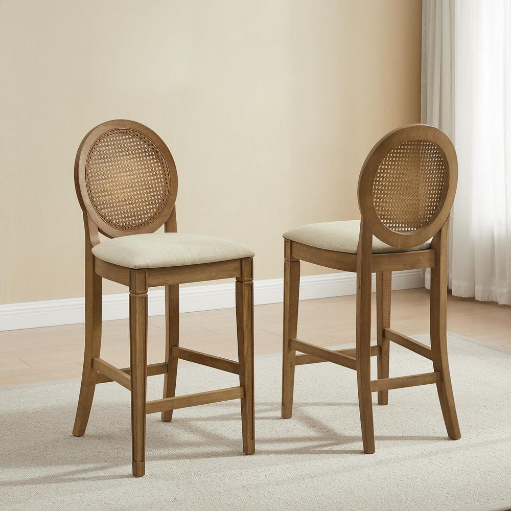 CROSLEY FURNITURE Katia 42.38 in. H Driftwood Woven Back Wood Bar Stool with Fabric Seat Set of 2 CF503326DW-CR