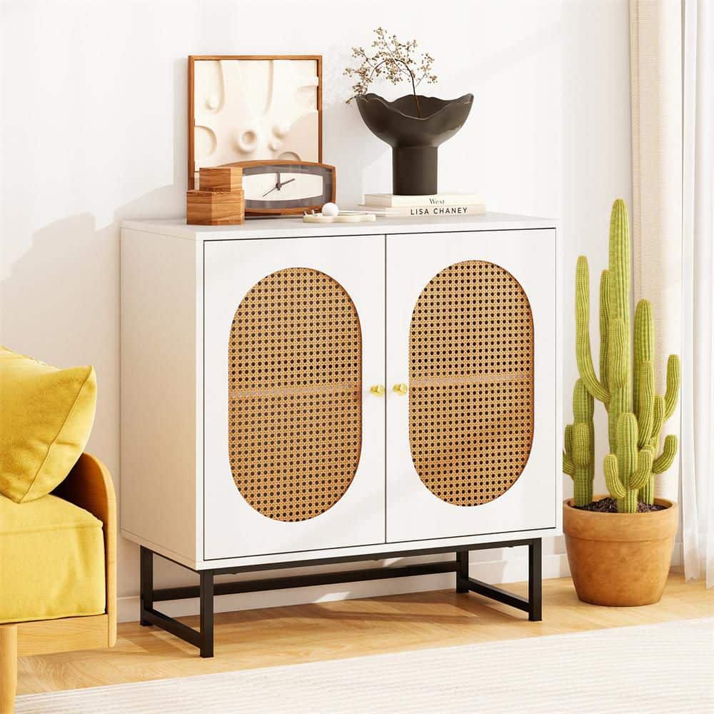 HONEY JOY 31.5 in. Rattan Buffet Cabinet Wood Sideboard Storage Cabinet with Doors and Adjustable Shelf White TOPB008881