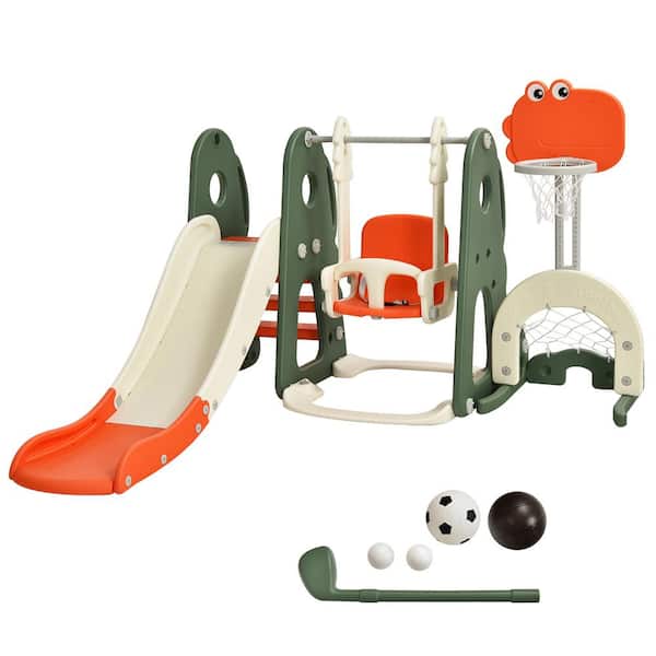6-in-1 Toddler Slide and Swing Set Climber Playset with Ball Games Orange